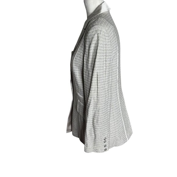 Vintage St John Evening Metallic Blazer 8 Silver Grey Satin Lapel Buttons Pocket - Picture 4 of 7